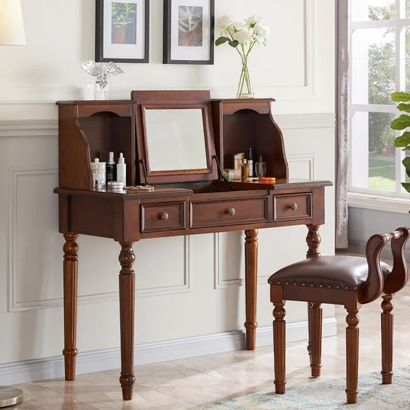 

Brown Nordic Dressing Table Bedroom Storage Aesthetic Wood Hotel Makeup Table Mirror Women Luxury Mesa De Maquillaje Furniture