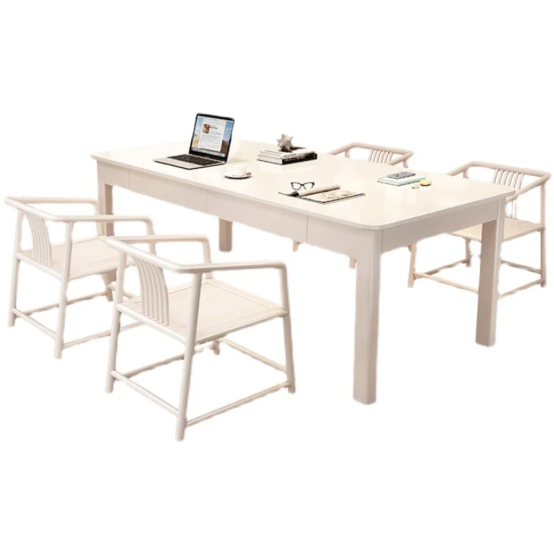

Go to the living room, large desk, white reading study table, home workbench, solid wood with drawers, multi-person office