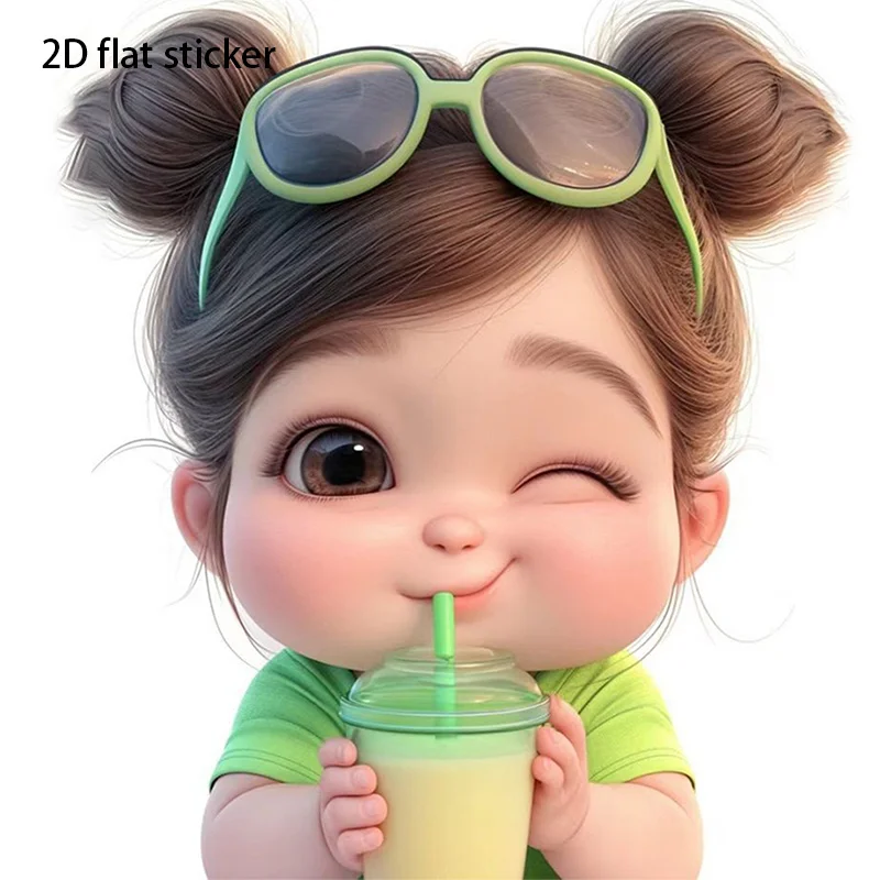 2D Flat Double Bun Girl With Green Sunglasses Drink Vinyl Sticker For Car Laptop Water Bottle Wall Cup Decor
