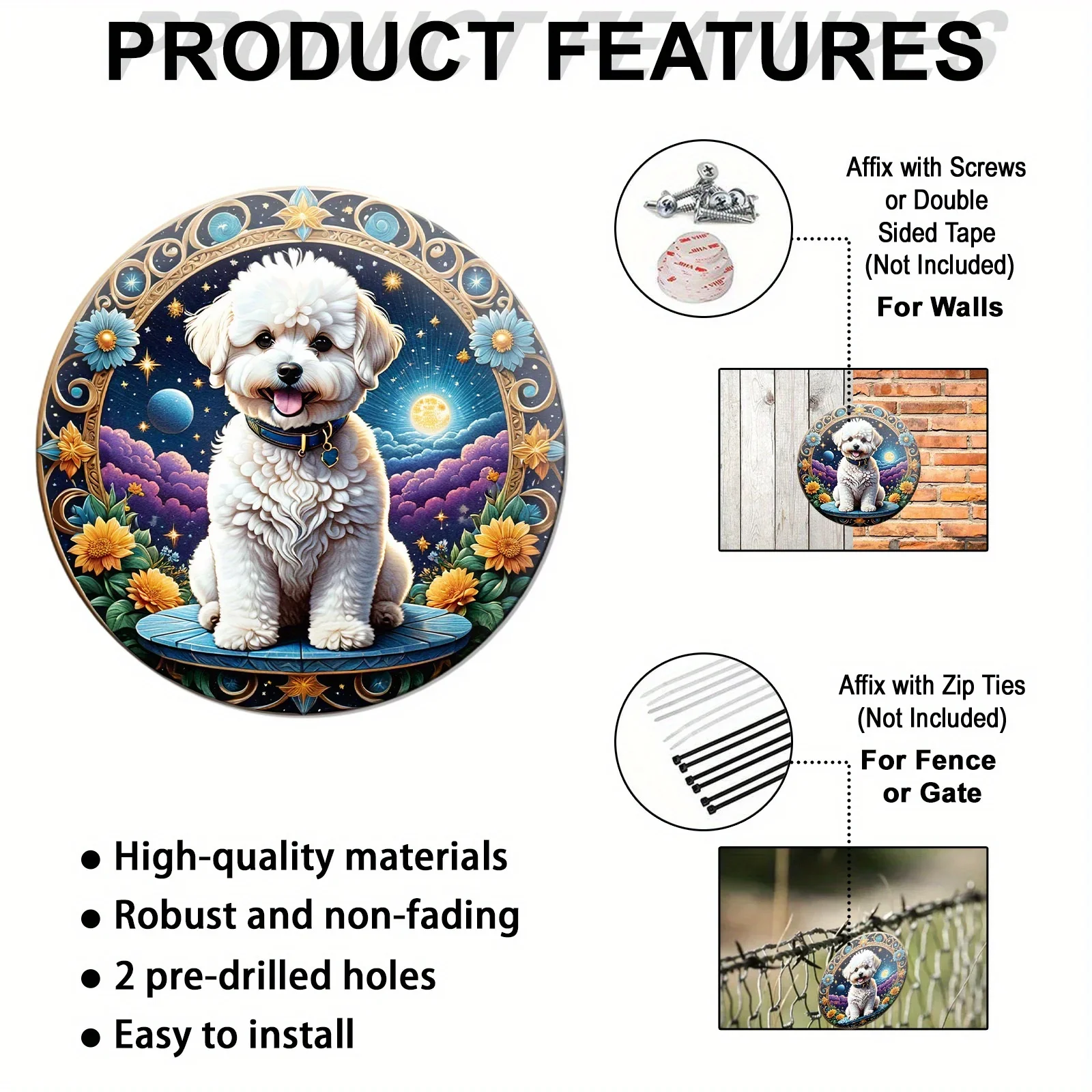 لافتة بيشون فريز مطلية مجعدة، لافتة دائرية لطيفة على شكل كلب، معلقة على الحائط، (20 * 20 سم) ديكور، ديكور المقهى، هدايا نسائية. المرآب #5