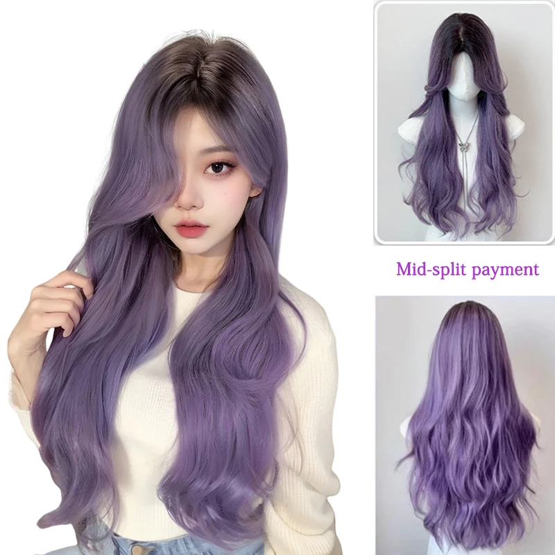 26 بوصة متدرجة رمادي-أرجواني أبرز الشعر الطويل المجعد مع الانفجارات، مناسبة للنساء اليومية حزب تأثيري هالوين لوليتا شعر مستعار #5