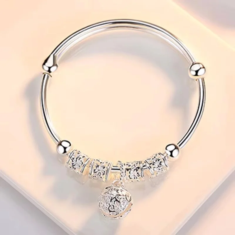 Fine 925 Sterling Silver Hollow Bells Ball Bangles Adjustable Bracelets For Women Fashion Holiday Gifts Party Wedding Jewelry