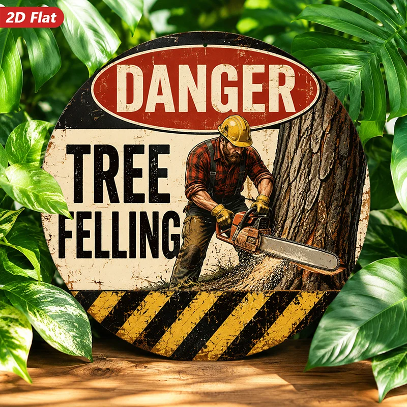 2D Flat, 1pc Tree Felling Round Metal Sign Wall Art, Lumberjack with Chainsaw, Home Decor, Falling Tree Scene, Ideal for Workspa