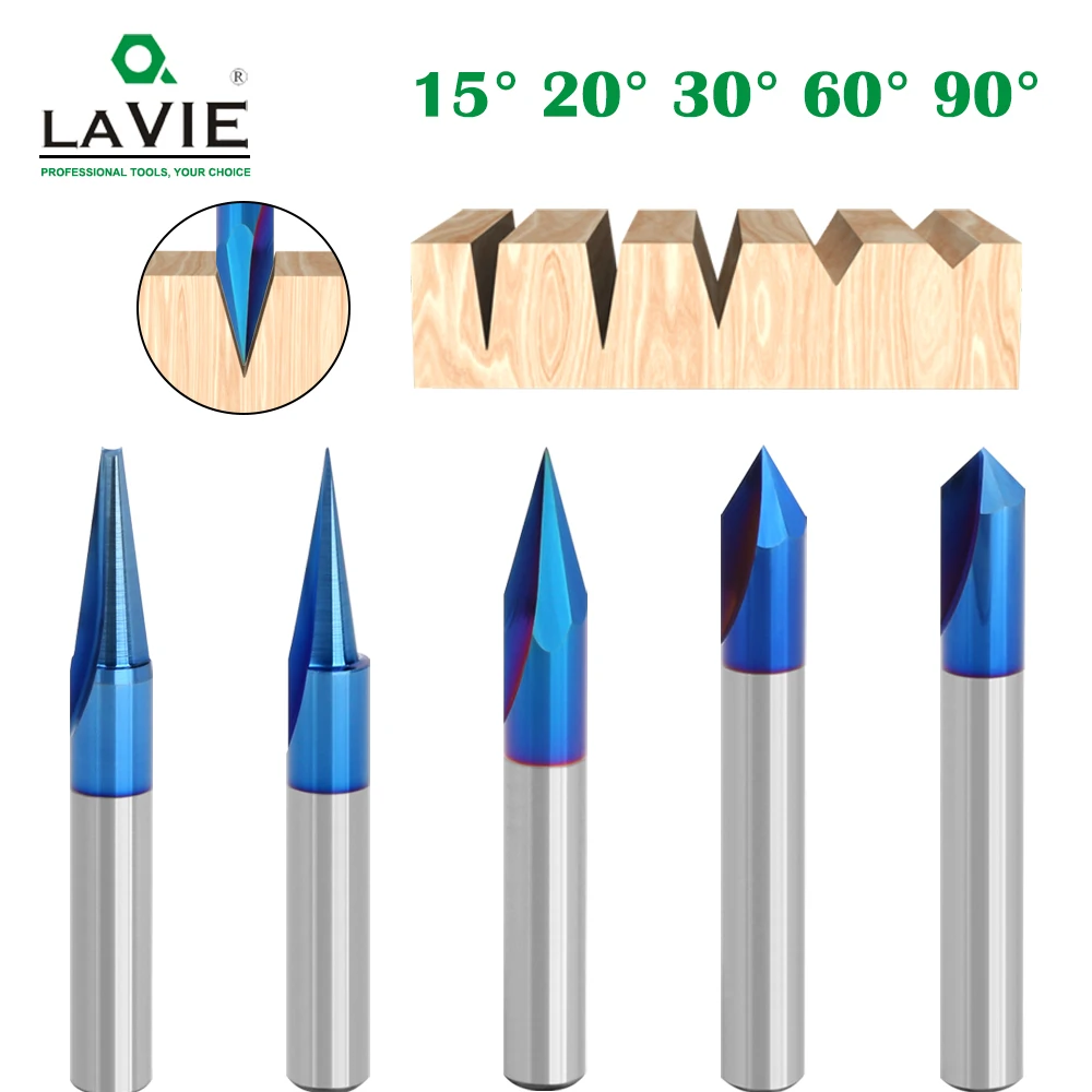 LAVIE 1PC Woodworking Milling Cutter Blue Nano V-shaped Knife Overall Alloy 15-90 Degrees Carving Knife Trimming Machine Head