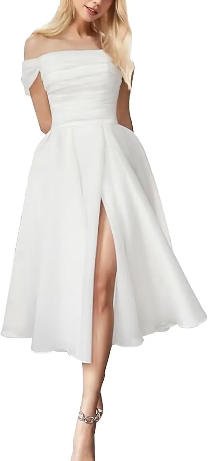 

Свадебное платье из тюля А-силуэта миди с разрезом, простое свадебное платье для женщин, с открытыми плечами, длиной до колена