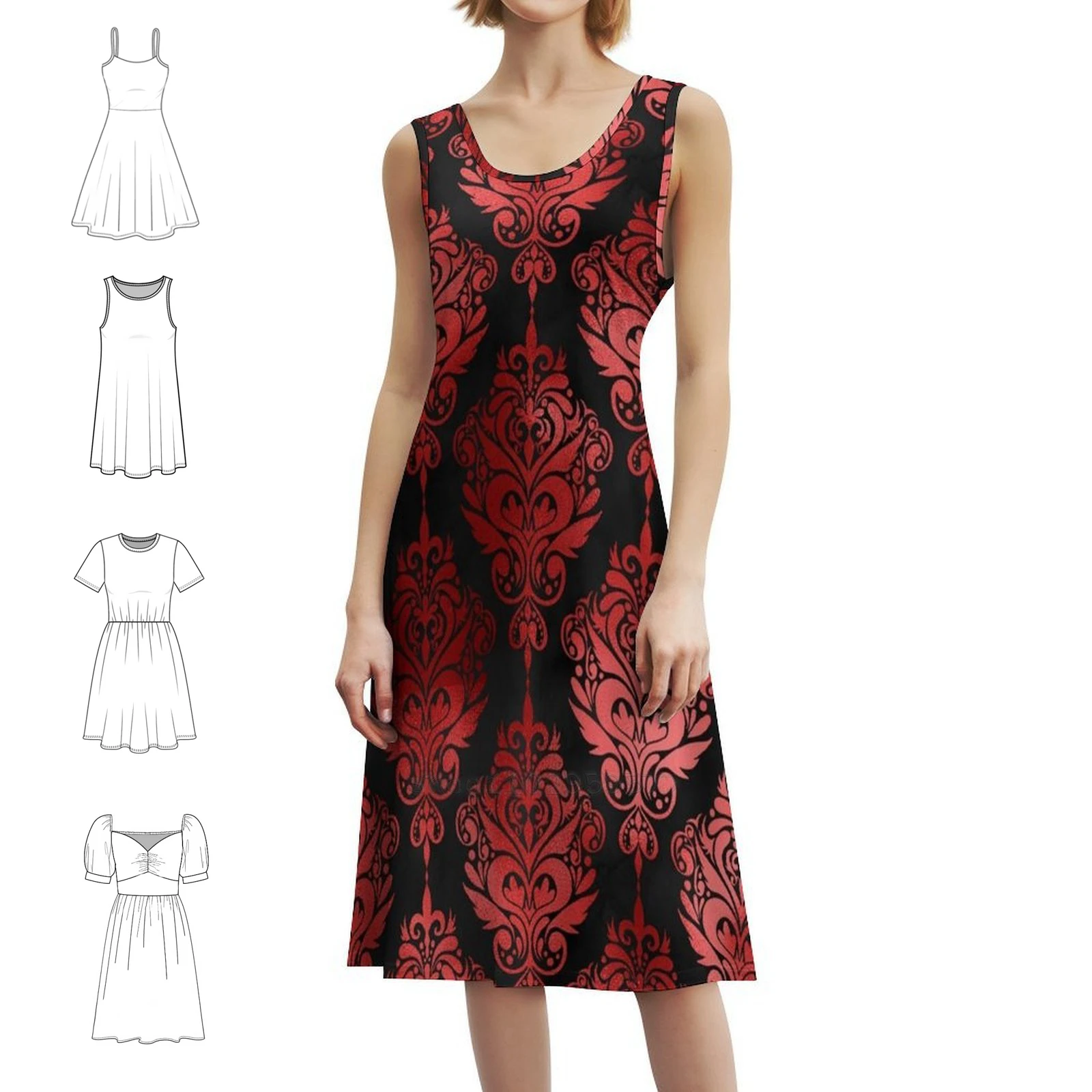 فستان بوهو أنيق بنمط أحمر وأسود أنيق لحفلات الزفاف على الشاطئ فستان أحمر لامع باندانا ماندالا مجردة