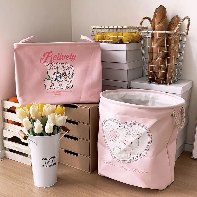 

Korean Ins Folding Laundry Basket with Handle Kawaii Rabbit Pink Bathroom Clothes Storage Organizer Cute Bear Toy Storage Bag