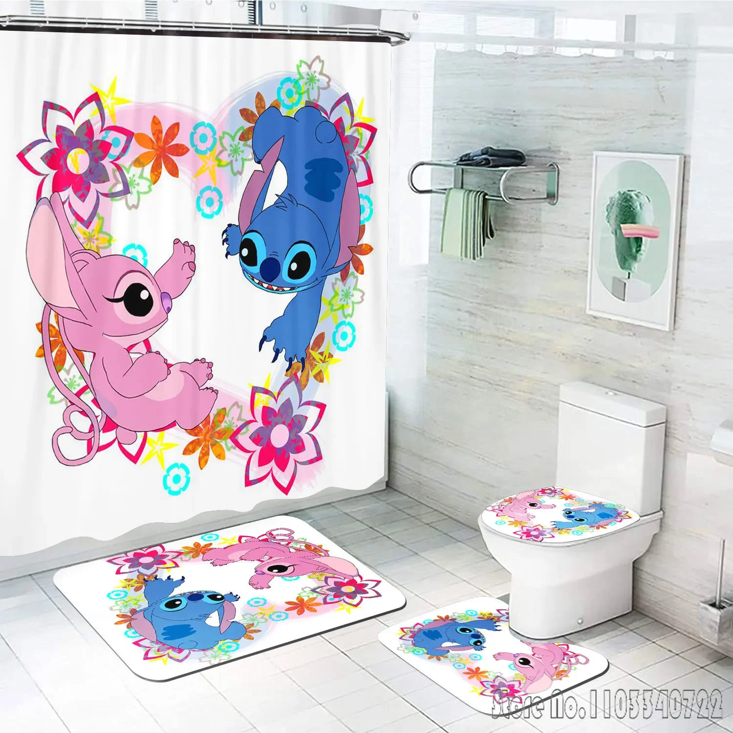 Set di tende da doccia da bagno Disney Stitch Anime 4 pezzi con ganci Decorazione del coperchio del tappetino da bagno impermeabile