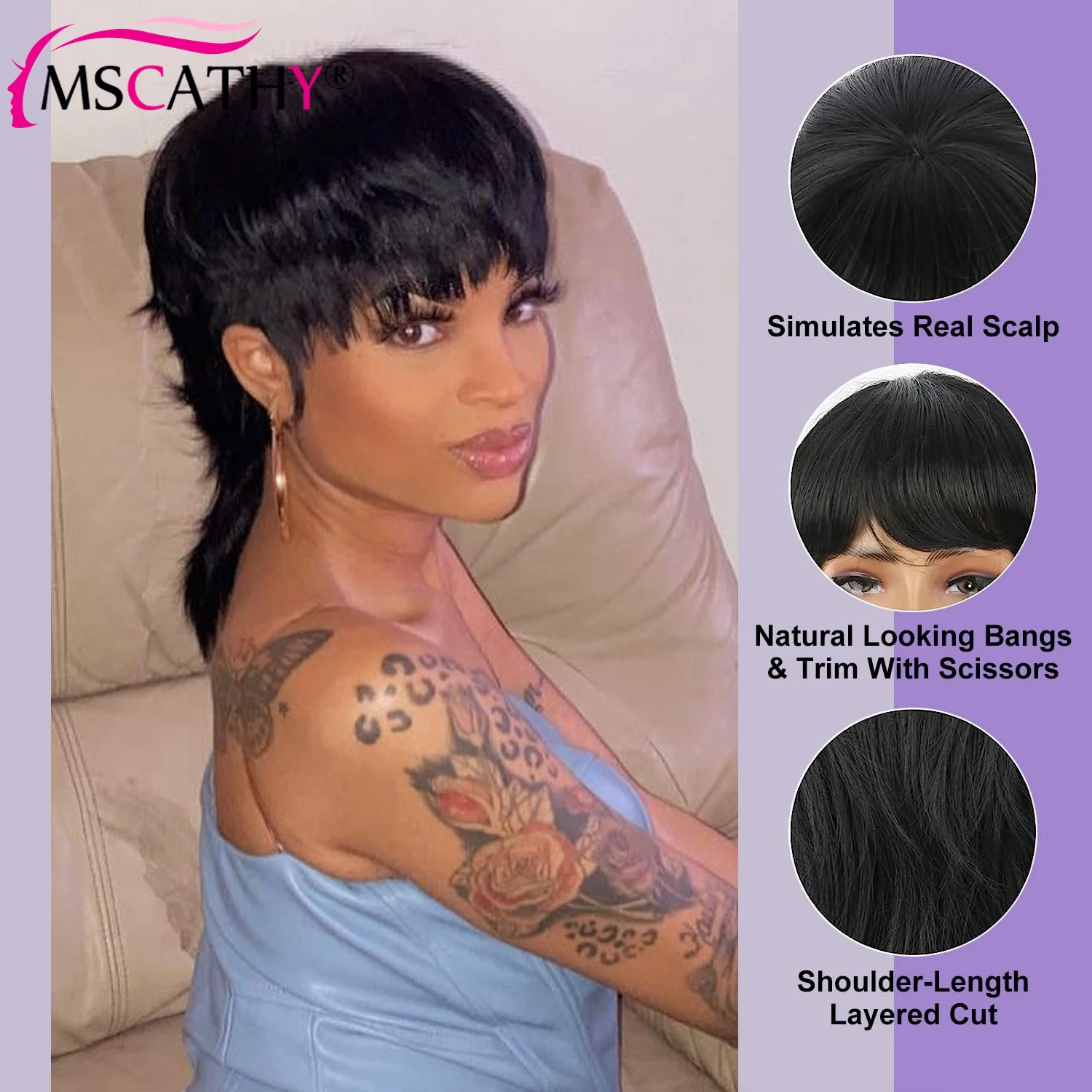 Perruque Brésilienne Naturelle Remy avec Frange pour Femme, Cheveux Lisses, Coupe Pixie Noire, Faite à la Machine