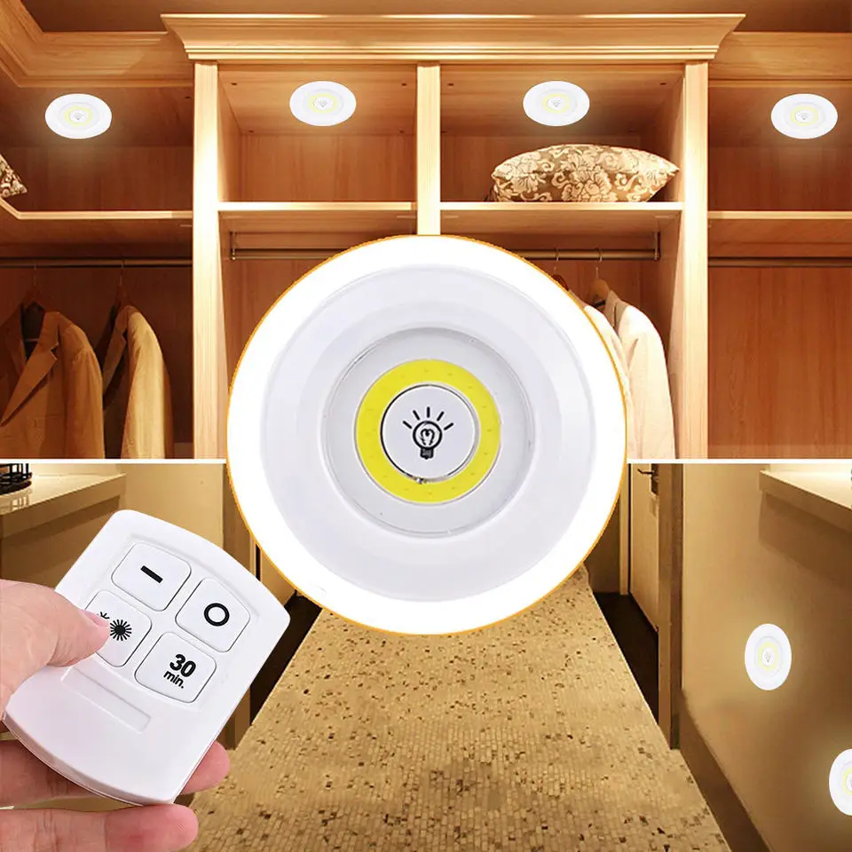 LED Light Wireless Remote Control Night Light 3W Super Bright COB Under Cabinet Light Dimmable Wardrobe Lamp Home Bedroom Closet