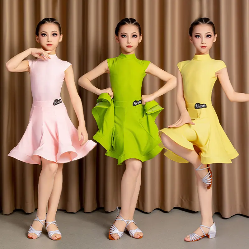 

New summer style professional dance costume for girls in Latin dance competition, sleeveless Latin dress for children