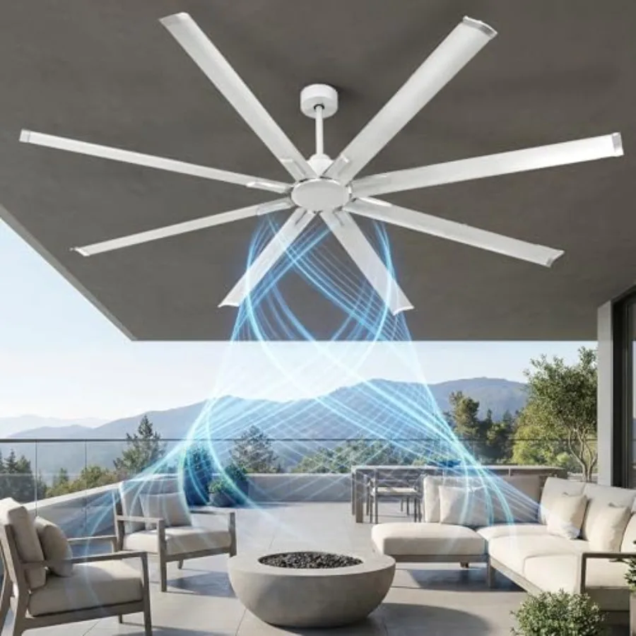 84 Inch Industrial Ceiling Fan for Porch Garage Shop, Aluminum Blades, Quiet DC Motor, 3 Downrods, 6-Speed Remote, No Lights, M