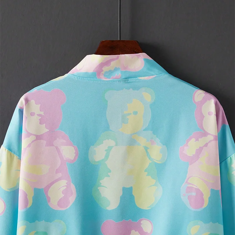 النمط الياباني موضة فضفاضة الرجعية Ins شعبية الفتاة لطيف الدب ثلاثية الأبعاد طباعة كيمونو سترة الصيف هاواي شاطئ زوجين عطلة قميص قطعة واحدة ملابس السباحة التستر