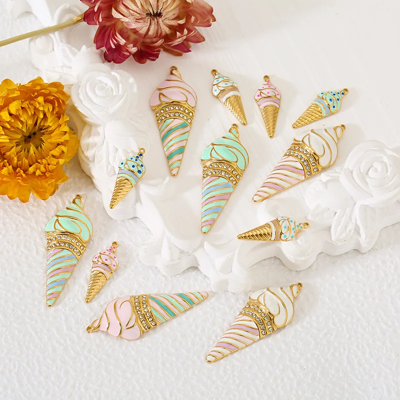 Cute Cartoon Ice Cream Popsicle Cone Pendant Stainless Steel 18K Gold Plating, Color-Retaining DIY Necklace Handmade Jewelry