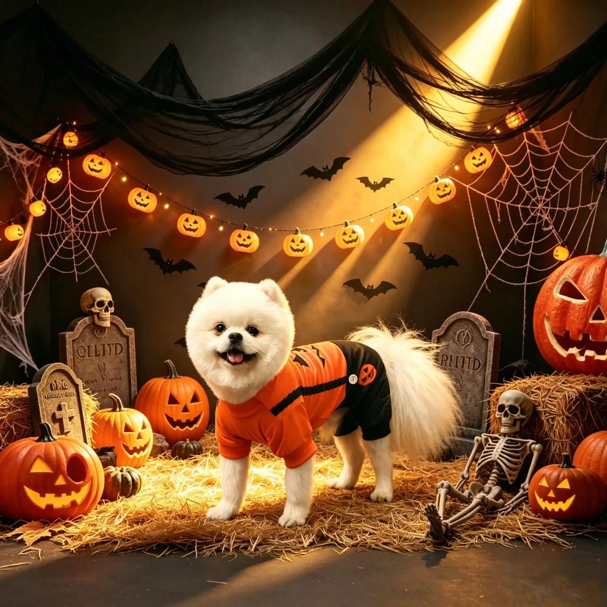 Halloween-Hundepyjama mit Kürbis-Jack-O-Lantern-Gesicht, Haustier-Onesie, 4-beiniger Welpen-Jumpsuit, Festtagskleidung für kleine und mittelgroße Hunde und Katzen – Detail 4