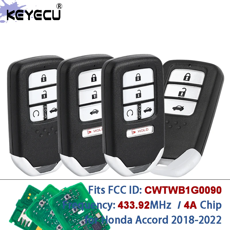 

KEYECU 433.92MHz 4A FCC ID: CWTWB1G0090 Smart Keyless Start Remote Car Key Fob for Honda Accord 2018 2019 2020 2021 2022