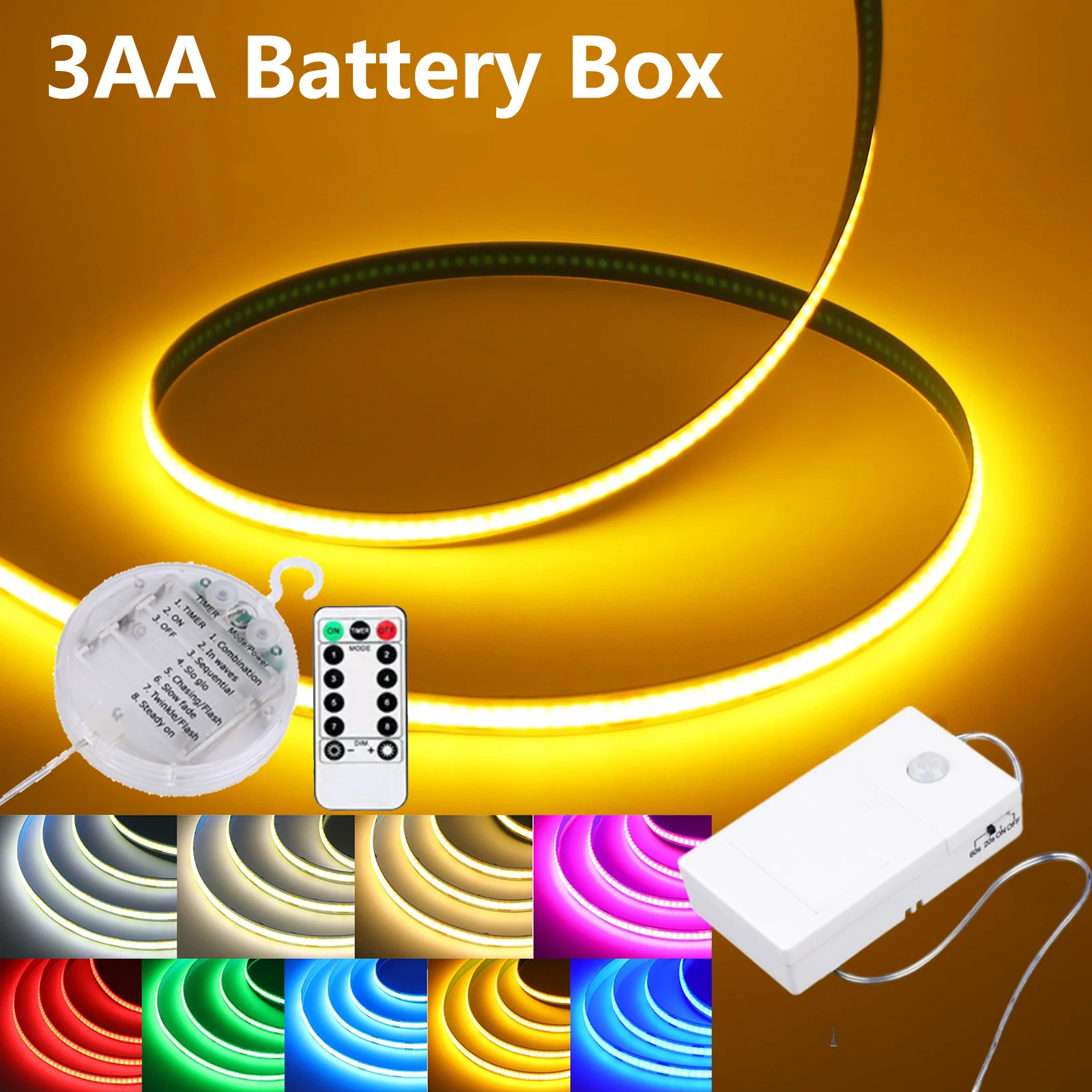 3AA Battery Box 8mm COB LED Strip 5V 320LEDs/m Flexible Tape Remote Control/PIR Motion Sensor Adhesive LED Light Strip 9 Colors