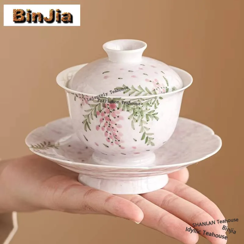

120 мл ручная роспись, цветок глицинии, Gaiwan, Ретро керамическая чаша Sopera с крышкой, чайная чашка, чашка для чайного сервиса, ремесло
