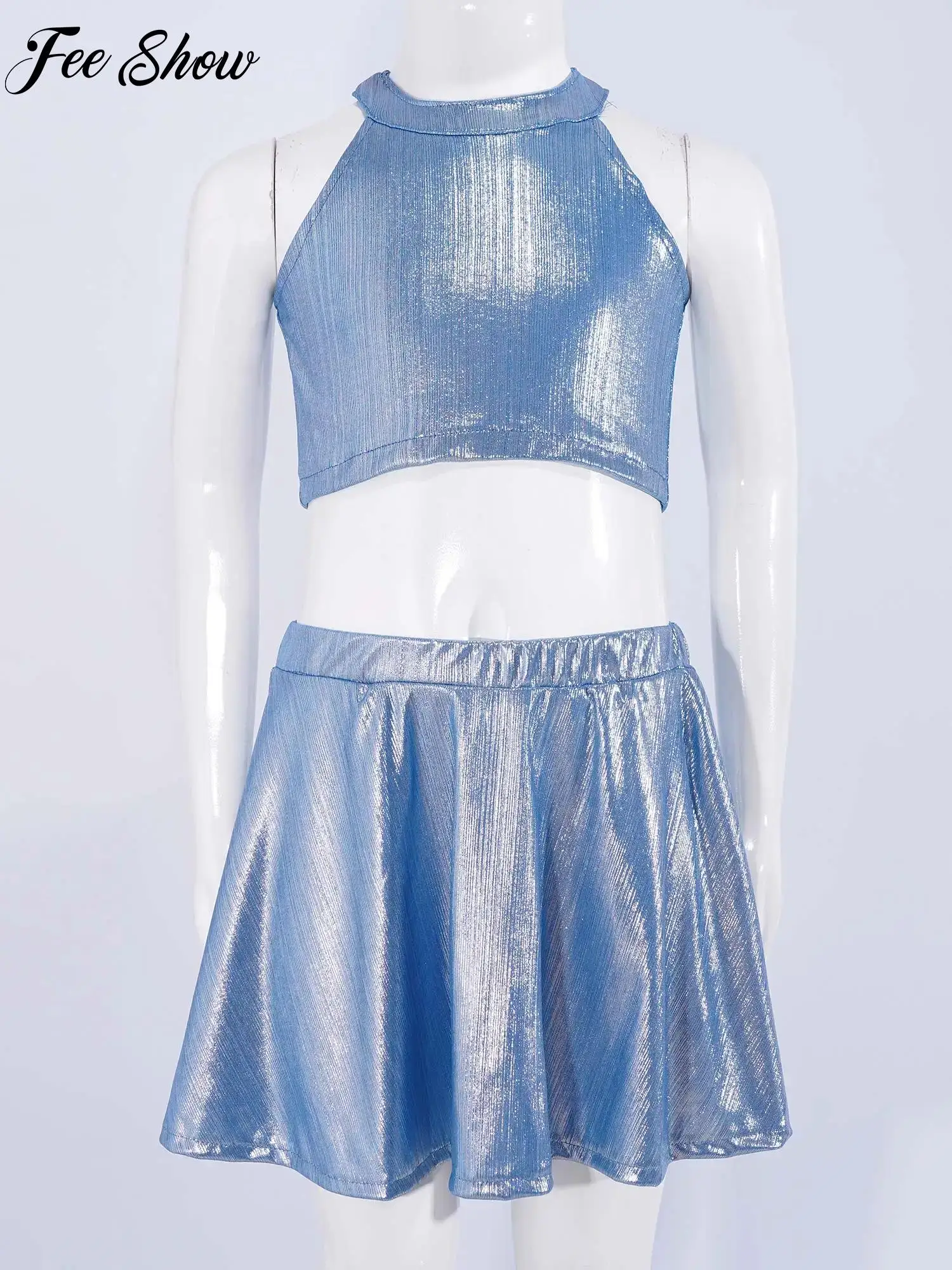Kids Girls Metallic Ribbed Dance Outfit for Cheerleading Chorus Performance Modern Jazz Dancewear Sleeveless Vest with Skirt Set