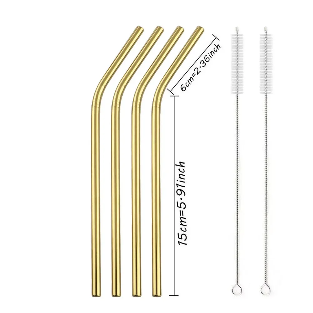 

4Pcs Gold Bend Reusable Metal Drinking Straw 304 Stainless Steel Straws with Cleaner Brush for Tumblers Party Bar Accessories