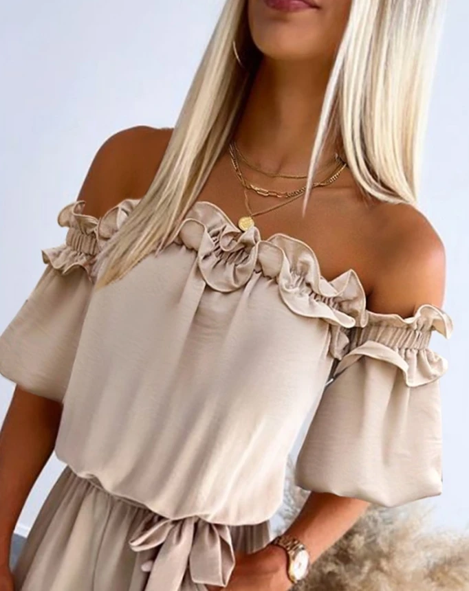 Casual Overall for Women 2024 Summer Puff Sleeve Plain Slash Collar Off Shoulder Frill Hem Tied Detail High Waist Jumpsuit