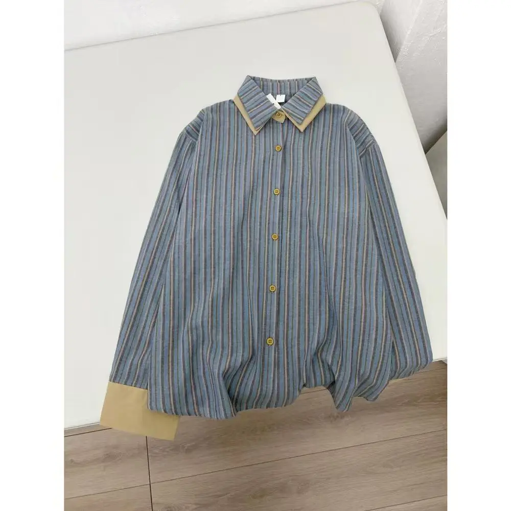 

Двойной воротник, синие полосатые лоскутные рубашки с длинными рукавами, женская блузка, элегантные свободные корейские пальто, рубашки на пуговицах, весна 2026, новинка