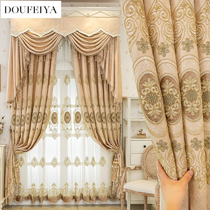 

European Retro Luxury Chenille Embroidery Blackout Curtains for Living Room Bedroom Dining Custom Size Tulle Valance Decor