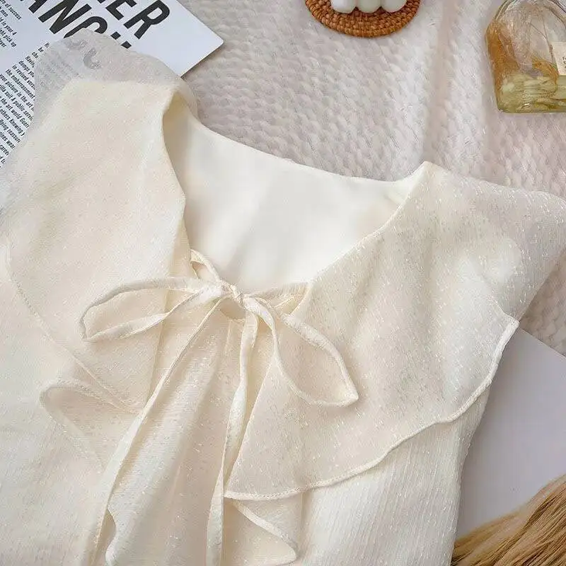 

Lucyever, повседневная рубашка с v-образным вырезом и оборками, женская универсальная свободная лоскутная блузка с бантом, женские рубашки с длинными рукавами весна-лето 2025 г.