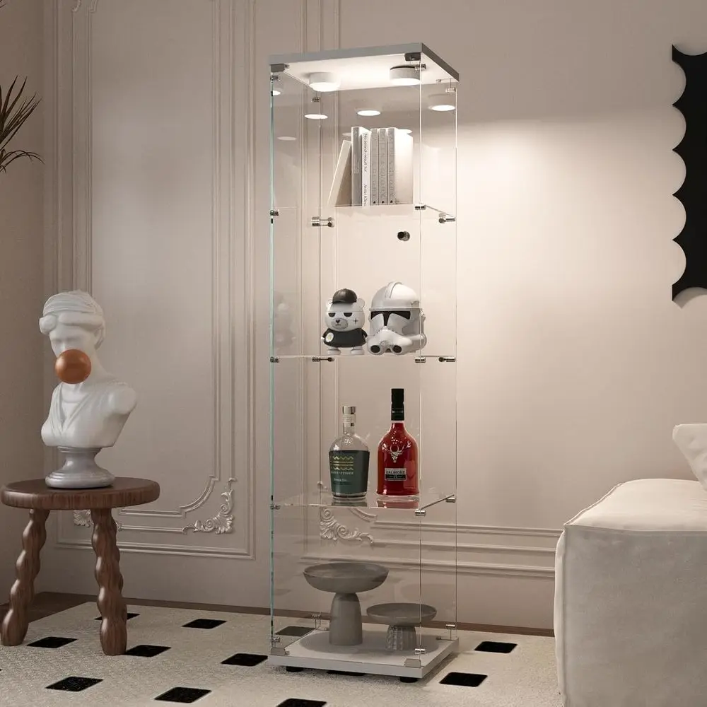 

LED-Illuminated Glass Display Cabinet with 4 Shelves, Suitable for Living Room, Bedroom, and Office, White Floor Standing Glass