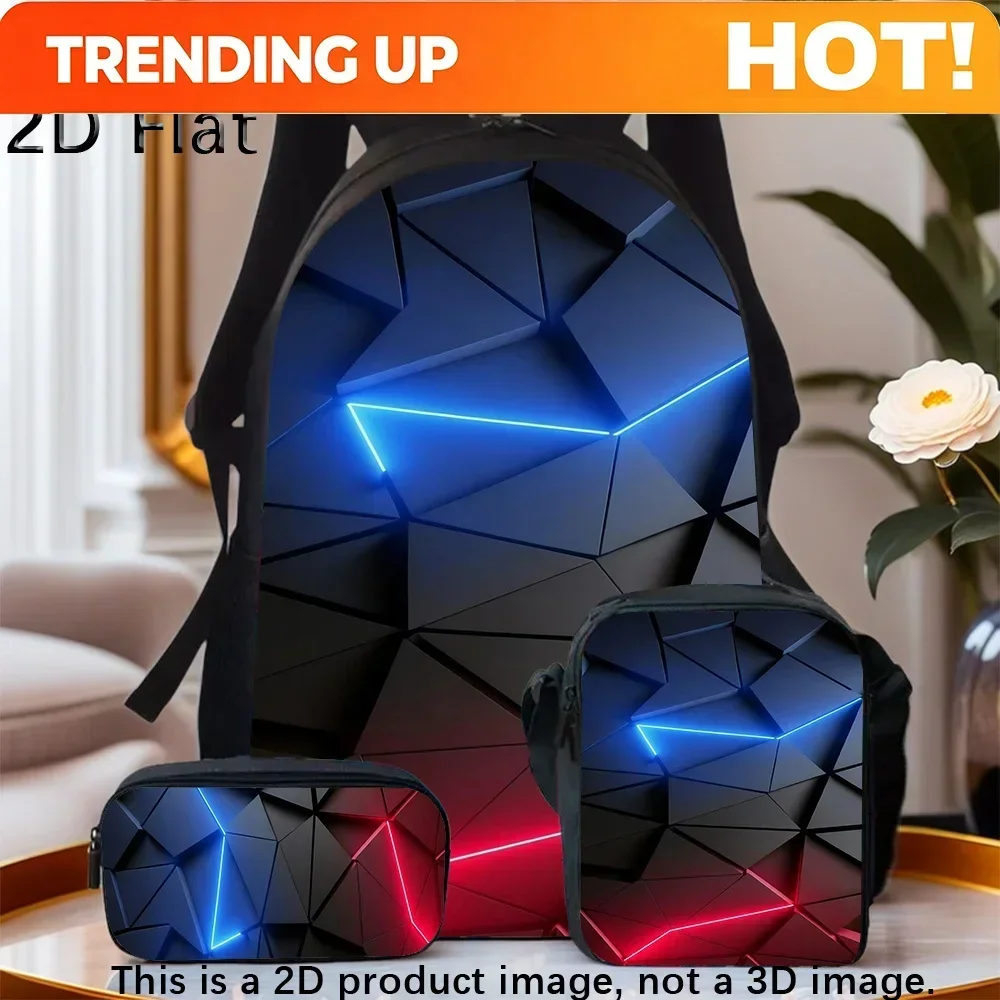 Custom 3pcs Gamer Backpack Set For Stylish Black & Blue Geometric Design With Neon Accents, Durable Polyester, Hand Washable, In