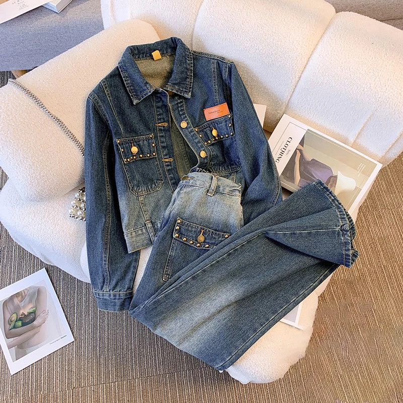 

Denim Jackets Set Women's 2024 New Short Denim Caots + High Waist Loose Wide Leg Pants Fashion Retro Casual Jeans Two Piece Set