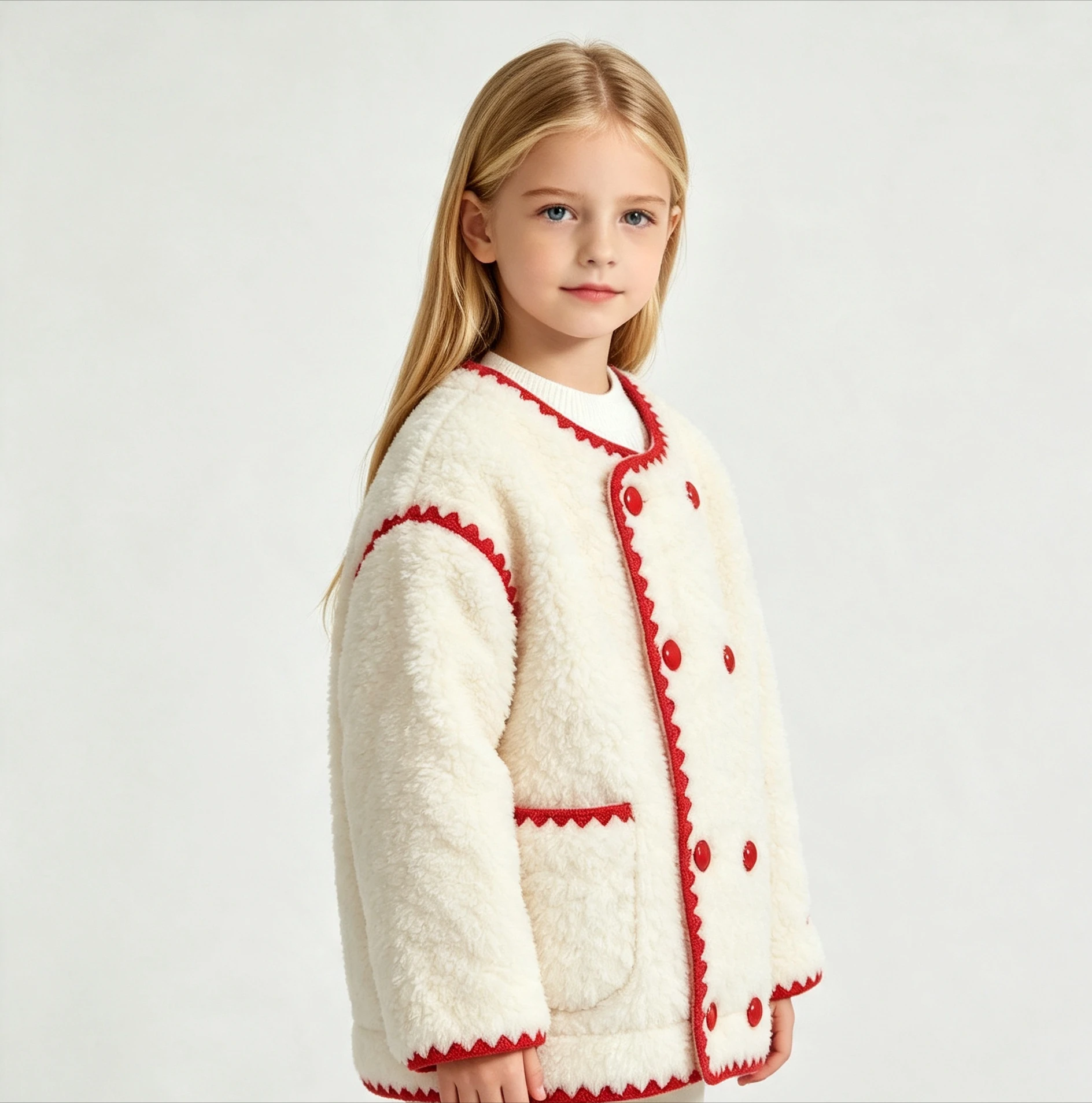 Girls Coat 2026 Autumn Winter Korean Girls' Contrasting Color Wrapped Red Velvet Double Breasted Thick White Fur Coat