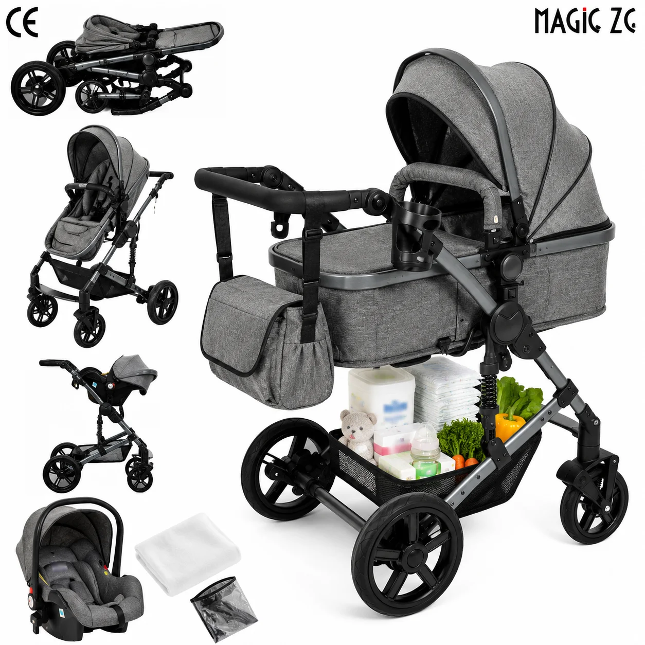 3-in-1 babyreissysteem: inklapbare kinderwagen met een hoog verstelbaar, omkeerbaar zitje, schokabsorberende wielen, een lichtgewicht aluminium frame, een zonnescherm en een ruime opbergmand,