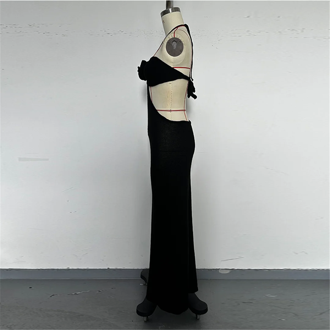 3D-Blumen-Halterneck-Strickkleid mit offenem Rücken, Strandkleid, Strandmode, Strandüberwurf, Damen V6852 – Detail 17