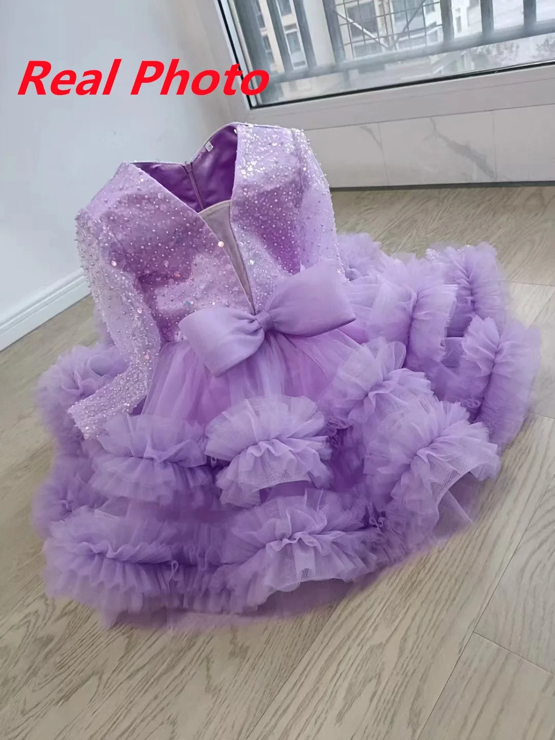 Luxury Flower Girl Dress Scoop Neck Puff Girls Party Dresses for Wedding Short Sleeves Tulle Kids Christmas Ceremonial Dress