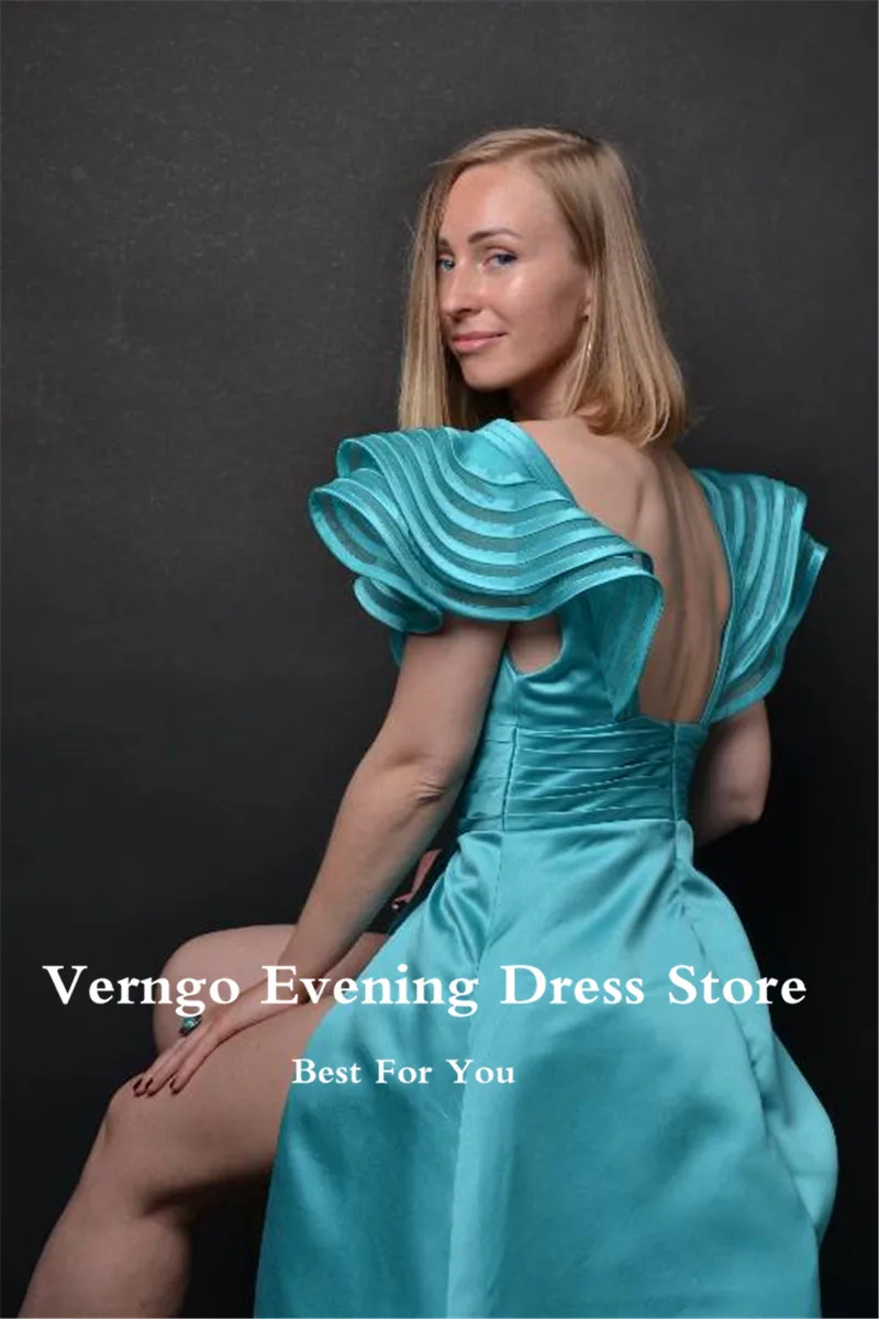 Verngo-vestido de noche de satén para mujer, traje moderno de corte en A, con mangas casquillo, cuello en V, abertura lateral, largo, para fiesta de graduación, para ocasiones especiales, color verde, 2023