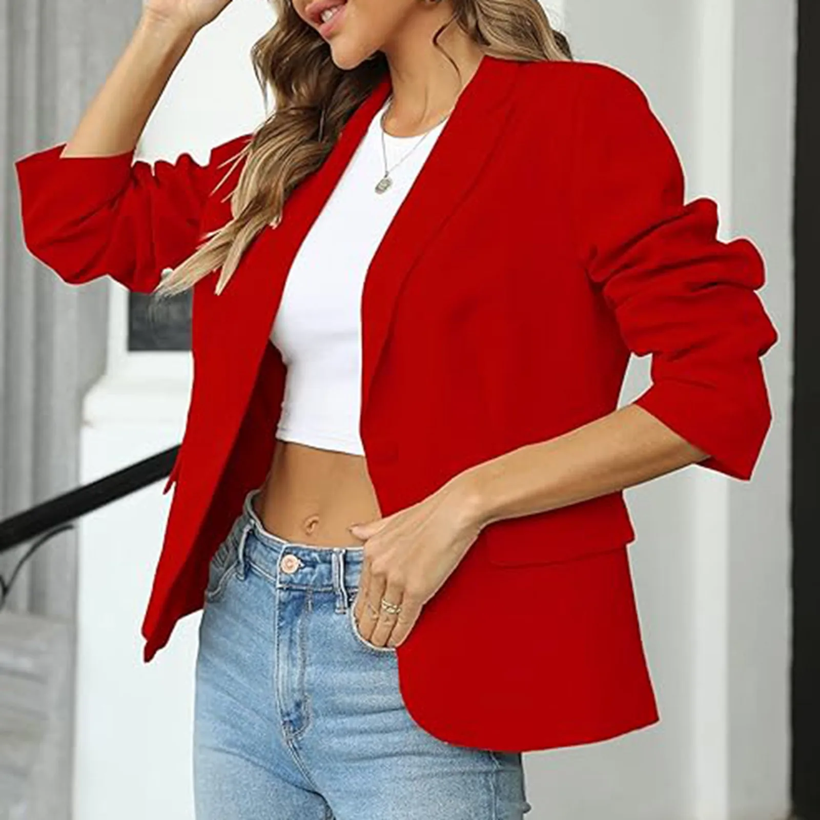 Women'S New Autumn Winter Solid Color Suit Jacket Lapel One Button Long Sleeve Formal Jacket Casual Fashion Casual Office Coat