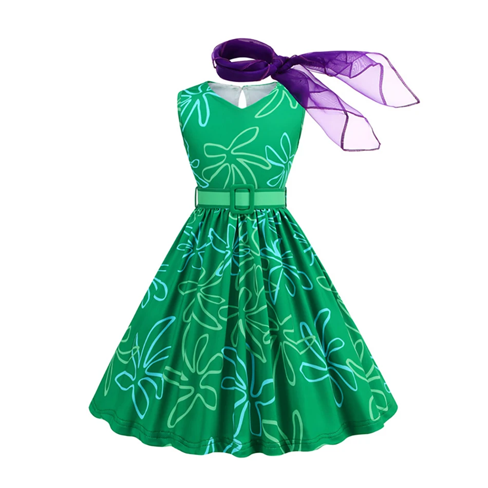 Charming Belt Decoration Print Green Halloween Casual Dress for Little Girls With Matching Scarves for Princess Worthy Ensemble