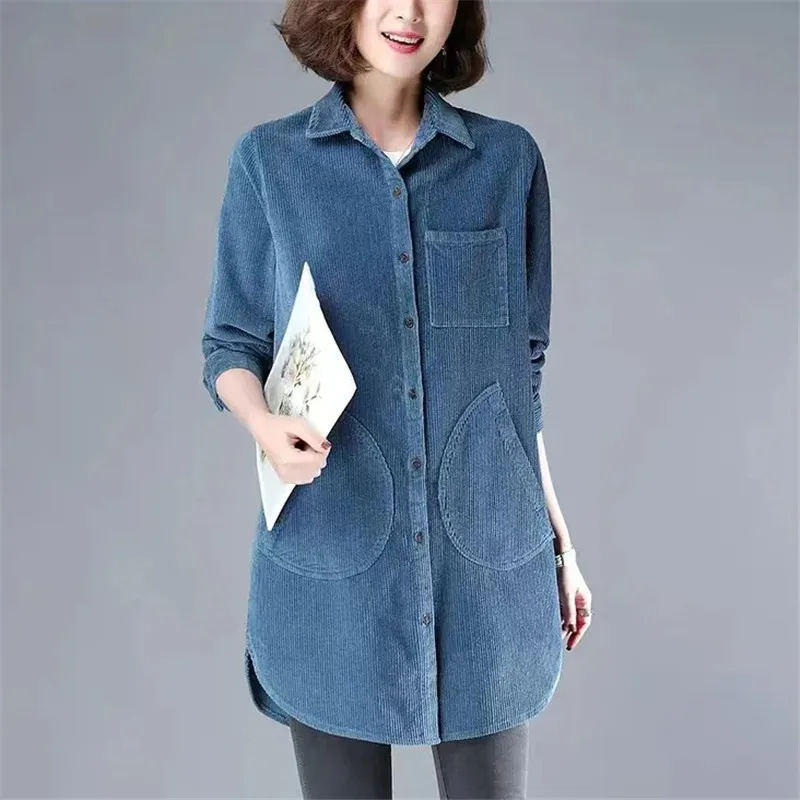 New 2026 Spring Autumn Corduroy Fashion Women's Coat Tops Long Sleeved Medium Length Shirt Loose Shirt Jacket Female Outerwear