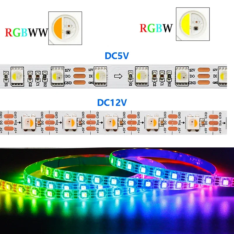 SK6812 RGBW RGBWW Led Strip 4 in 1 DC 5V 12V Similar WS2812B Individual Addressable 60 lede 60 leds/m Led Lights bar IP30 65 67