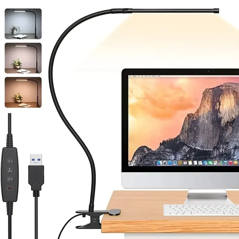 lampada de mesa led de 10w com bracadeira regulavel clipe na luz de leitura 10 nivel de brilho modos de iluminacao flexivel lampada de mesa de estudo usb 01