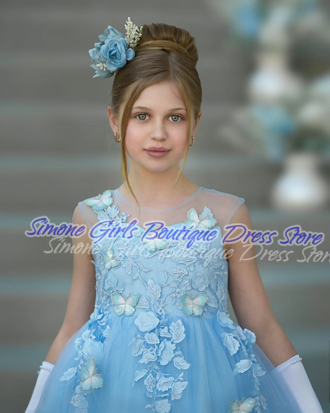 Sleeveless ball gown Blue patterned princess dress Flower Girl Dress for Birthday party dance Performances Formal Receptions
