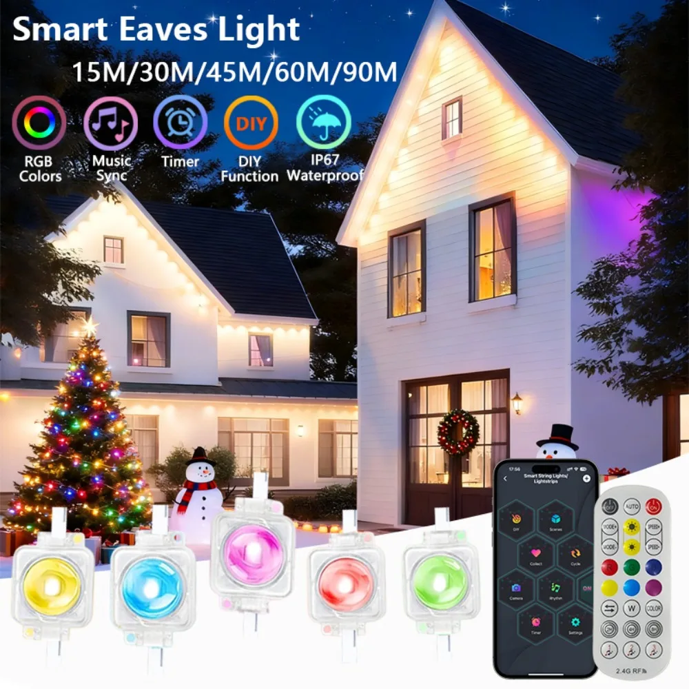 90m 180leds luzes de beiral inteligentes ip67 à prova dip67 água permanente luzes ao ar livre app sincronização música remota para o natal ano novo decoração casa