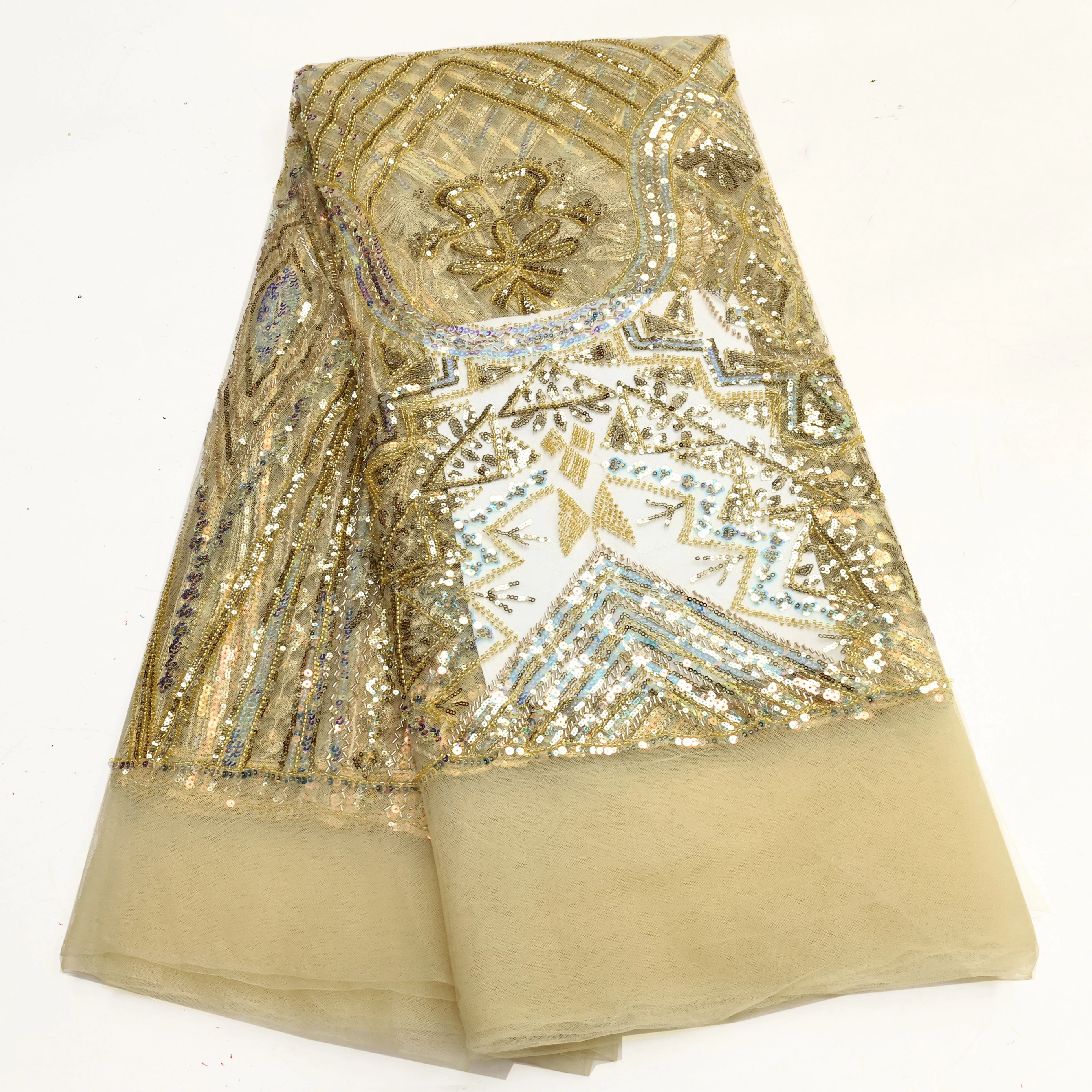 Newest African Luxury Sequins Beaded Tulle Lace Fabric For Evening Dresses Women Beaded Net Lace Material with Stones 5 Yards