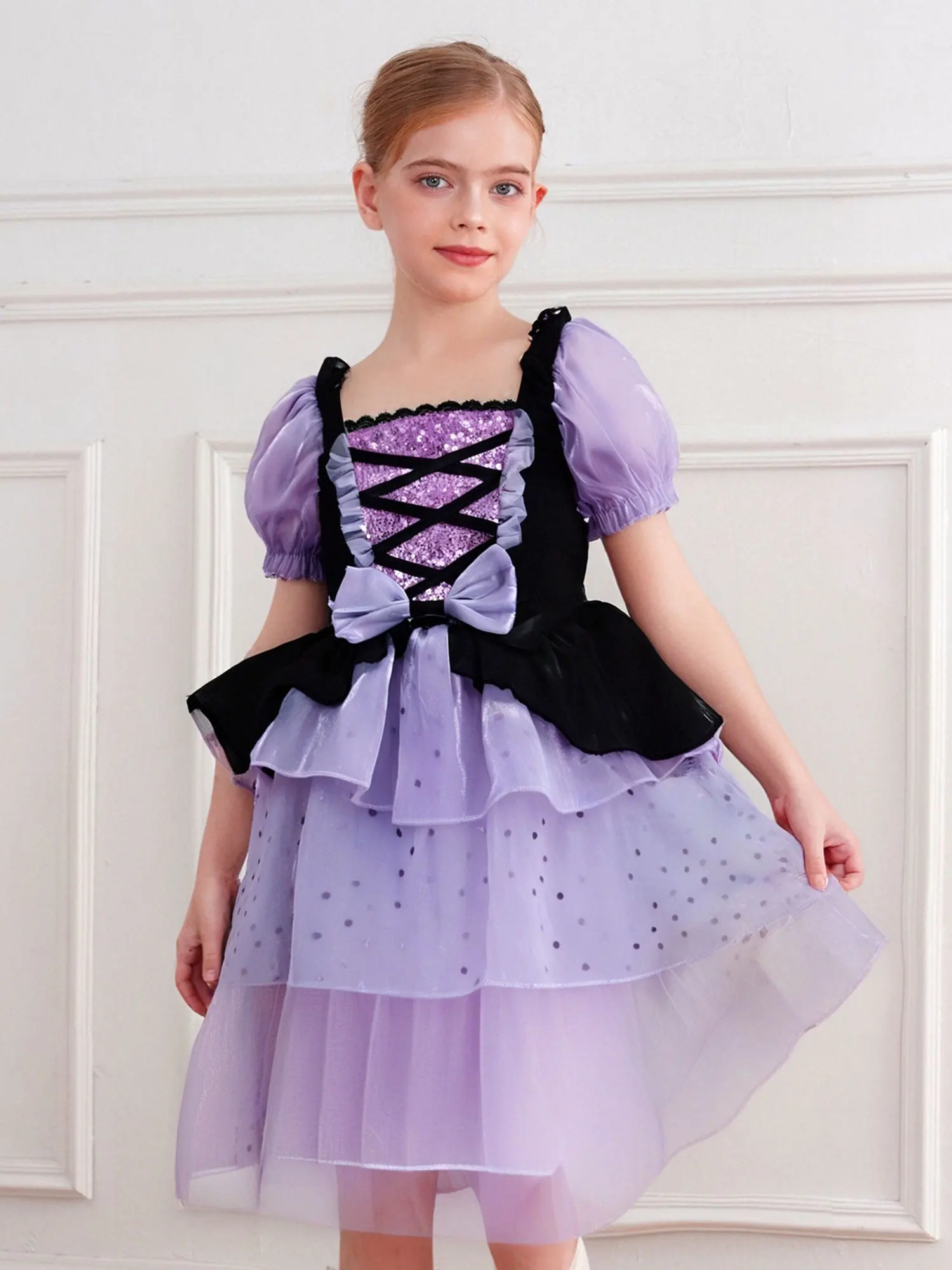 

Kids Girls Princess Cosplay Costume Halloween Dresses Square Neck Puff Ruffled Sleeve Front Waist Bow Layered Hem Puffy Skirt