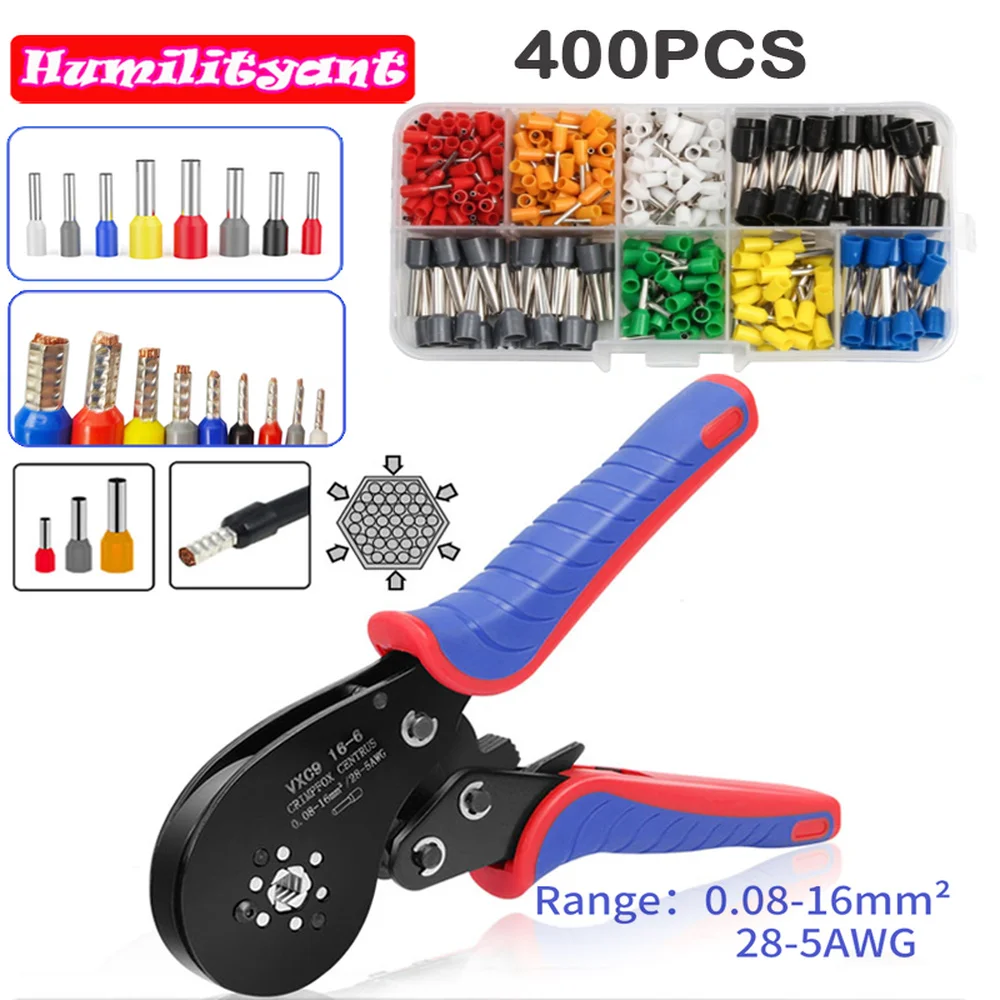 

400PCS Insulated Cord Pin End Terminal with HSC8 16-6 Wire Crimping Plier 0.08-16mm²/28-5AWG Ratchet Crimper