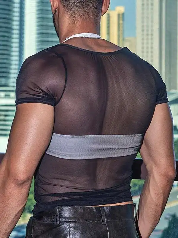 Men Sexy Oil Glossy Shiny Short Tank Tops Thin PU Strap Short Vest Fashion Top High Elastic Sleeveless Shirt Dance Wear R6UH