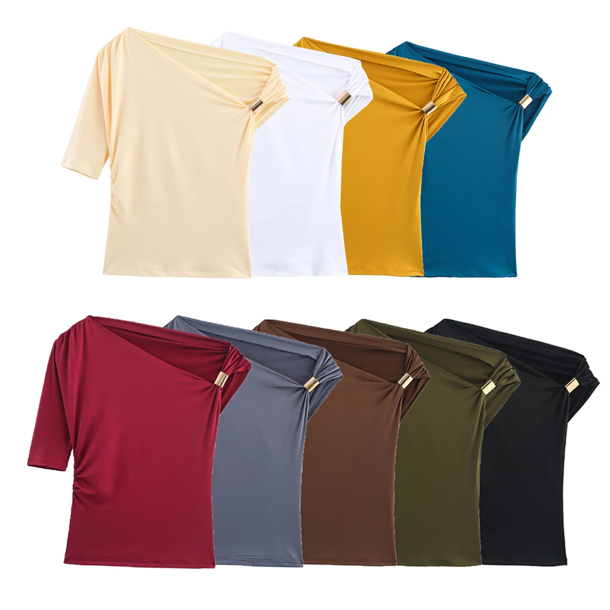 

2025 women's new elegant sexy asymmetric fashion off-shoulder slim short-sleeved T-shirt simple top multi-color optional