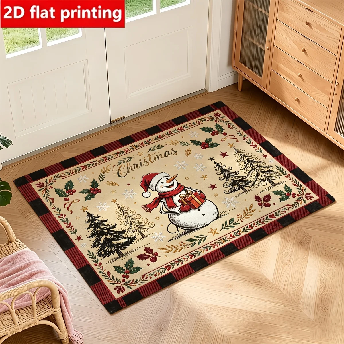 1pc 2D Flat Snowman Christmas Tree Holly Buffalo Plaid Printed Floor Mat, Decorative Rug for Living Room, Bedroom, Home