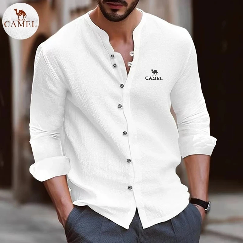 Embroidered CAMEL high-quality brand men\'s spring/summer long sleeved cotton linen business casual loose T-shirt shirt top